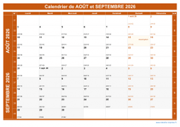 Calendrier pour les mois de Août et Septembre 2026 paysage 1