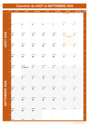 Calendrier pour les mois de Août et Septembre 2026 portrait 1