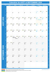 Calendrier scolaire pour Août et Septembre 2026 portrait 1