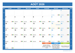 Calendrier aout 2026 paysage avec vacances, jours fériés et numéros de semaine