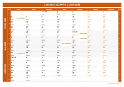 Calendrier pour les mois de Avril à Juin 2026 paysage 1