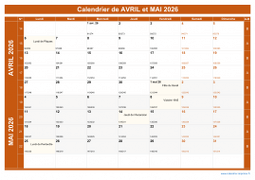 Calendrier pour les mois de Avril et Mai 2026 paysage 1