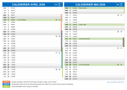 Calendrier scolaire pour Avril et Mai 2026 paysage 2