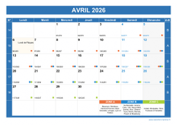 Calendrier avril 2026 paysage avec vacances, jours fériés et numéros de semaine