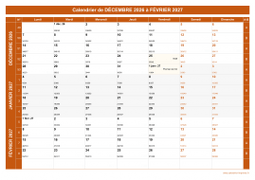 Calendrier pour les mois de Décembre 2026 à Février 2027 paysage 1