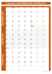 Calendrier pour les mois de Décembre 2026 à Février 2027 portrait 1