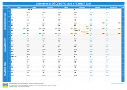 Calendrier scolaire pour Décembre 2026 à Février 2027 paysage 1