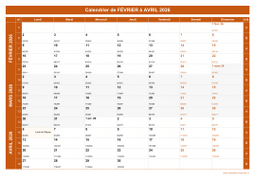 Calendrier pour les mois de Février à Avril 2026 paysage 1
