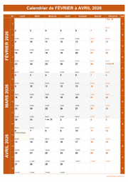 Calendrier pour les mois de Février à Avril 2026 portrait 1