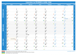 Calendrier scolaire pour Février à Avril 2026 paysage 1