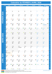 Calendrier scolaire pour Février à Avril 2026 portrait 1