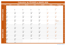 Calendrier pour les mois de Février et Mars 2026 paysage 1