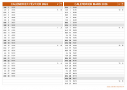 Calendrier pour les mois de Février et Mars 2026 paysage 2