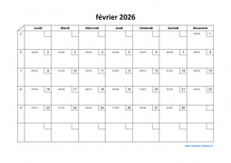 Calendrier février 2026 modele 02