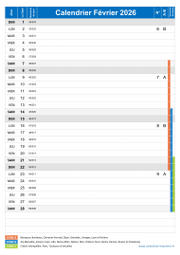 Calendrier fevrier 2026 portrait avec vacances, jours fériés et numéros de semaine