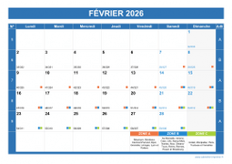 Calendrier fevrier 2026 paysage avec vacances, jours fériés et numéros de semaine