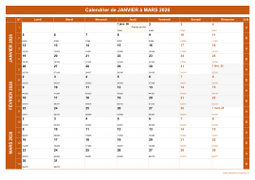 Calendrier pour les mois de Janvier à Mars 2026 paysage 1
