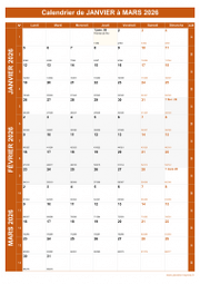 Calendrier pour les mois de Janvier à Mars 2026 portrait 1