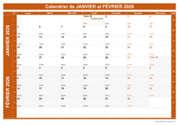 Calendrier pour les mois de Janvier et Février 2026 paysage 1