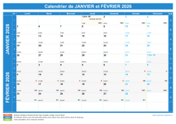Calendrier scolaire pour Janvier et Février 2026 paysage 1