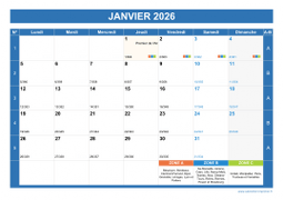 Calendrier janvier 2026 paysage avec vacances, jours fériés et numéros de semaine