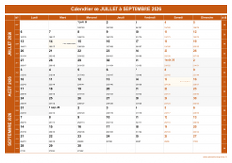 Calendrier pour les mois de Juillet à Septembre 2026 paysage 1