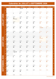 Calendrier pour les mois de Juillet à Septembre 2026 portrait 1