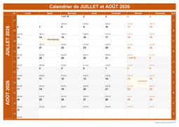 Calendrier pour les mois de Juillet et Août 2026 paysage 1