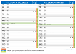 Calendrier scolaire pour Juillet et Août 2026 paysage 2
