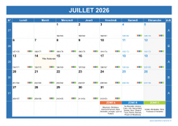 Calendrier juillet 2026 paysage avec vacances, jours fériés et numéros de semaine