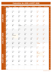 Calendrier pour les mois de Juin à Août 2026 portrait 1
