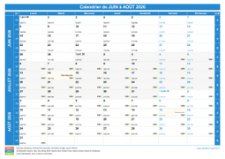 Calendrier scolaire pour Juin à Août 2026 paysage 1