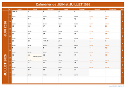 Calendrier pour les mois de Juin et Juillet 2026 paysage 1