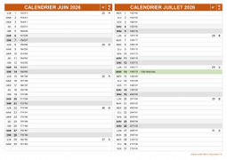 Calendrier pour les mois de Juin et Juillet 2026 paysage 2