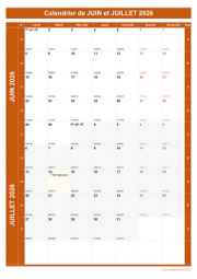 Calendrier pour les mois de Juin et Juillet 2026 portrait 1