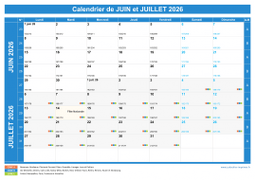 Calendrier scolaire pour Juin et Juillet 2026 paysage 1