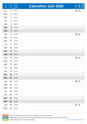 Calendrier juin 2026 portrait avec vacances, jours fériés et numéros de semaine