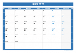 Calendrier juin 2026 paysage avec vacances, jours fériés et numéros de semaine