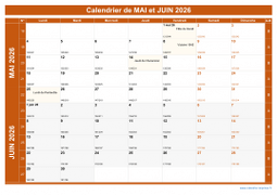 Calendrier pour les mois de Mai et Juin 2026 paysage 1