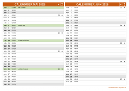 Calendrier pour les mois de Mai et Juin 2026 paysage 2