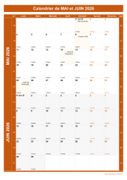 Calendrier pour les mois de Mai et Juin 2026 portrait 1