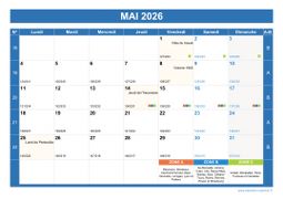 Calendrier mai 2026 paysage avec vacances, jours fériés et numéros de semaine