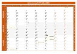 Calendrier pour les mois de Mars à Mai 2026 paysage 1