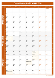 Calendrier pour les mois de Mars à Mai 2026 portrait 1