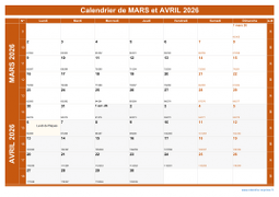 Calendrier pour les mois de Mars et Avril 2026 paysage 1