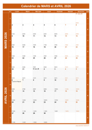 Calendrier pour les mois de Mars et Avril 2026 portrait 1
