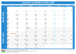 Calendrier scolaire pour Mars et Avril 2026 paysage 1