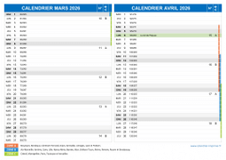 Calendrier scolaire pour Mars et Avril 2026 paysage 2