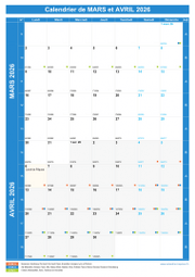Calendrier scolaire pour Mars et Avril 2026 portrait 1