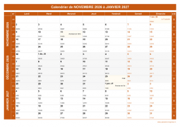 Calendrier pour les mois de Novembre 2026 à Janvier 2027 paysage 1
